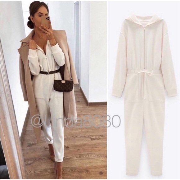 Zara Ecru Cream Zipped and Drawstring Waist Soft Touch Jumpsuit BNWT Large - Picture 8 of 15